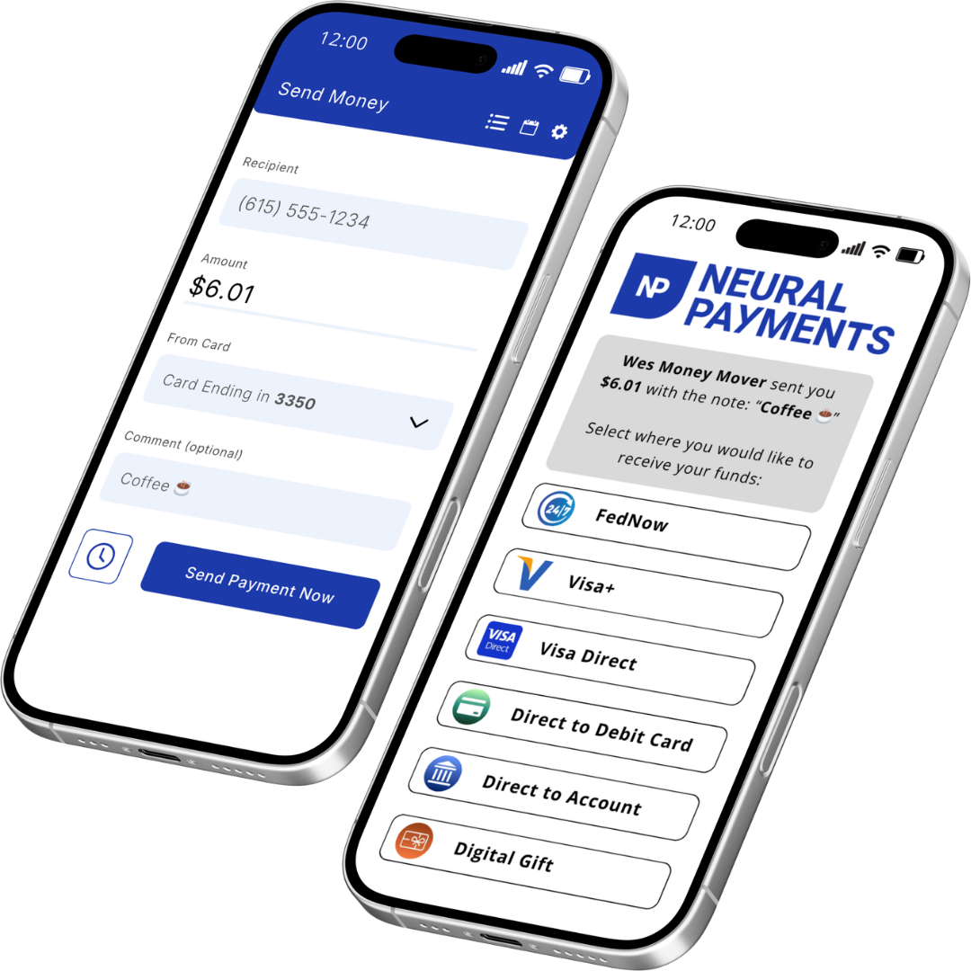 A mockup of two iPhones using the Neural Payments app, completing a peer-to-peer payment with the via the Neural Payments Hub